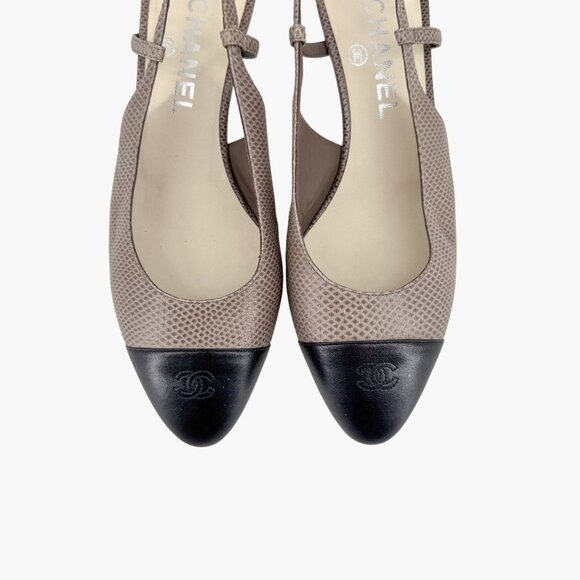 Chanel CC Cap Toe Slingback Kitten Pumps Heels Taupe Leather Size 38 US 7-7.5 - Picture 3 of 16